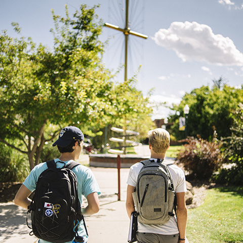 two young men walking down path on campus