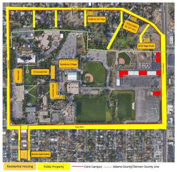 Map of the northwest Denver campus showing highlighted boundaries of Regis Blvd. to the soutch, Lowell Blvd. to the west, W 54th Ave. to the north, and N. Federal Blvd. to the east. The Vince J. Boryla Apartments at 4923 King St. are also included in the boundaries. 