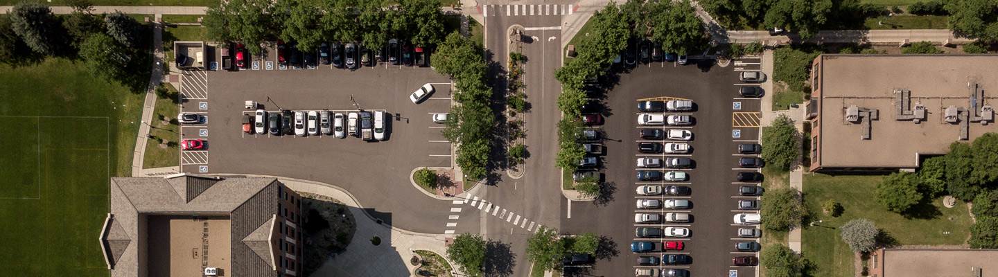 aerial shot of parking lots on northwest Denver campus