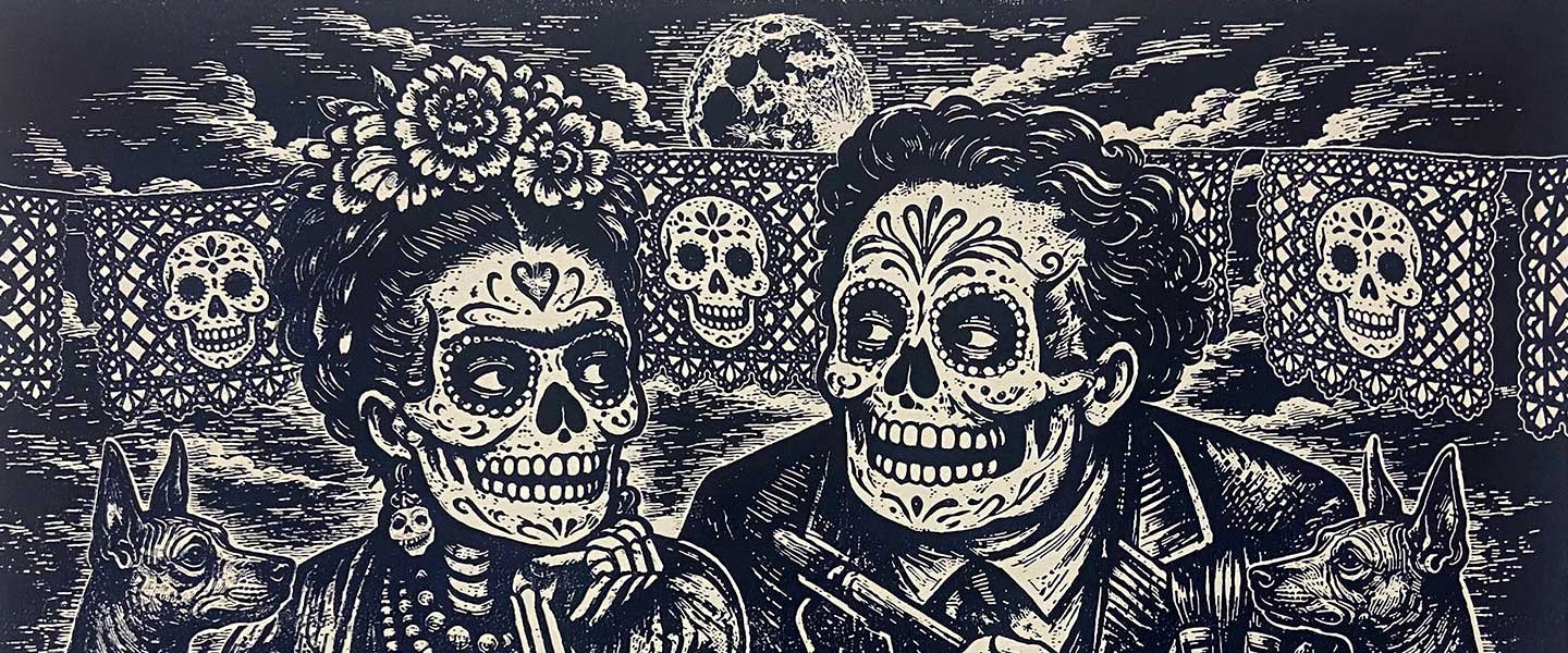 woodblock art by Tony Ortega featuring Diego Rivera and Freida Kahlo wearing dia de muertos masks