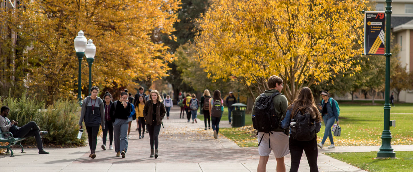 Regis University students walking along a campus path surrounded by autumn trees