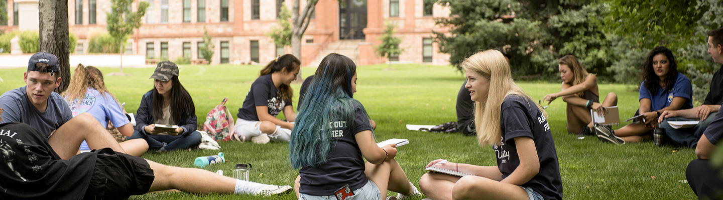 Group of students in class sitting on the quad