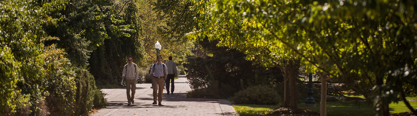 two people walk down green path