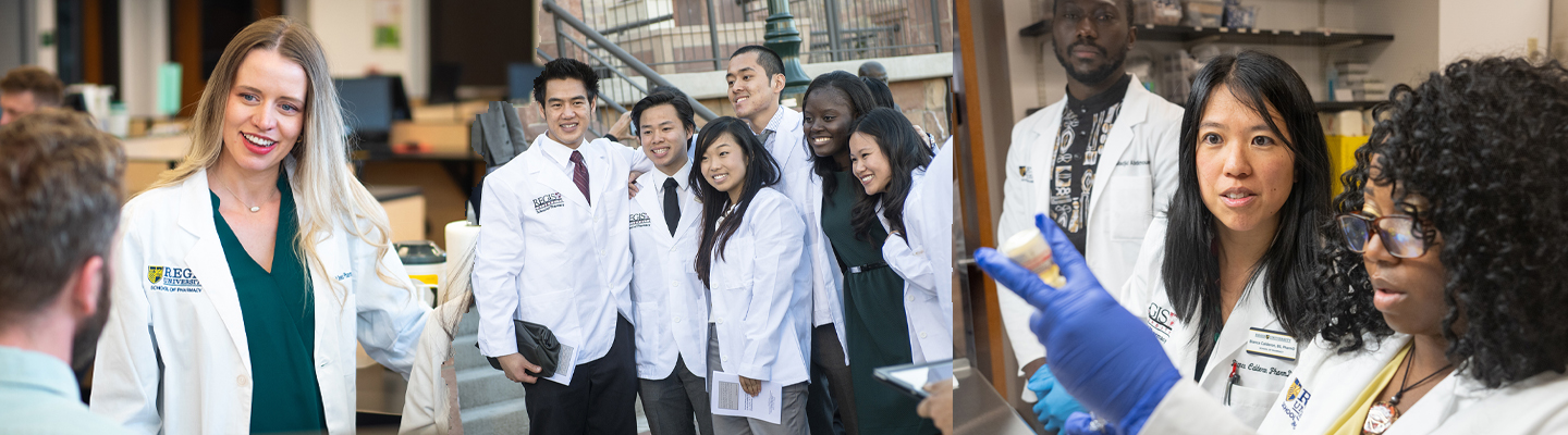 Left to right: Nursing student smiling, group of students smiling for a group photo, student and professor look over at another students work