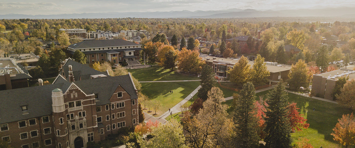 Drone shot of Regis campus in fall