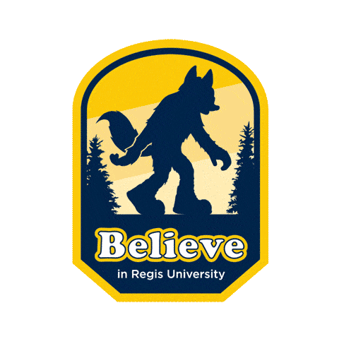 animated gif of a yeti-ish version of Regi the fox in silhouette over a background with changing colors above the words Believe in Regis University