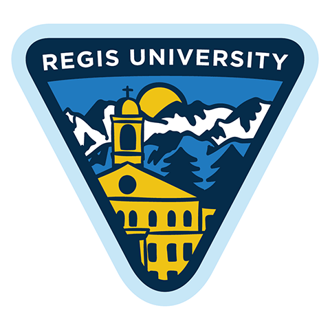 digital sticker of a triangular badge that reads "Regis University" over illustrations of Main Hall and the Rocky Mountains