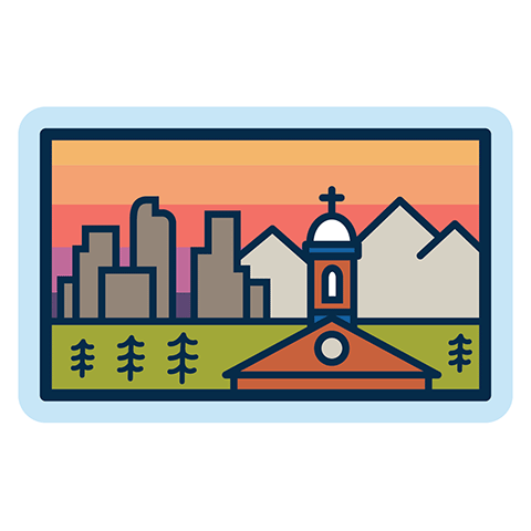 digital sticker of a rectangular badge with illustrations of Main Hall, Denver and the Rocky Mountains
