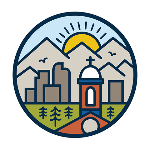 digital sticker of a rectangular badge that reads with illustrations of Main Hall, Denver and the Rocky Mountains