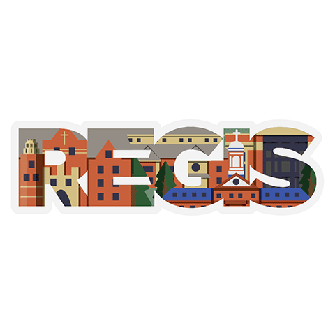 digital sticker with the words Regis University spelled out with illustrations of campus buildings