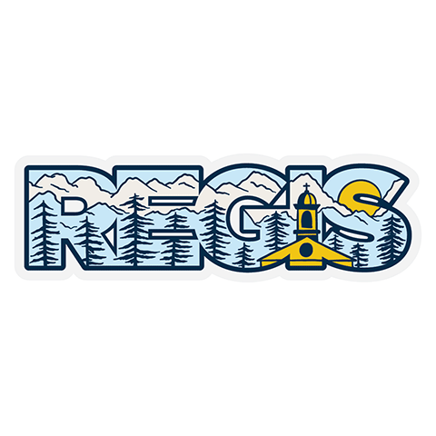 digital sticker with the words Regis University spelled out with illustrations of main hall and the rocky mountains