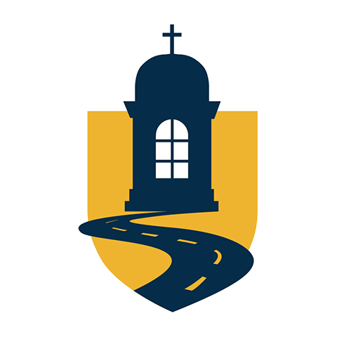 digital sticker of a shield overlaid with the cupola of main hall and a road that leads to it
