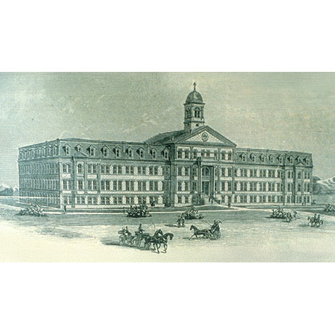 a historical drawing of main hall in greys and creams showing people in historical clothing in horsedrawn carriages and walking