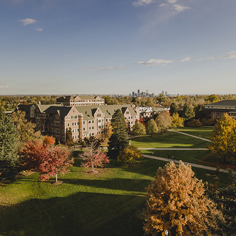 Drone shot of campus skyline