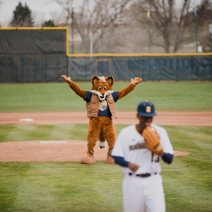 Regis University’s mascot stands on the pitcher’s mound with arms raised while a baseball player walks past in the foreground.