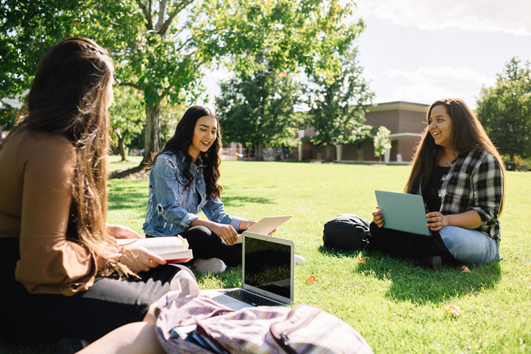 Three students sit on the grass, studying with laptops and books on a sunny day.