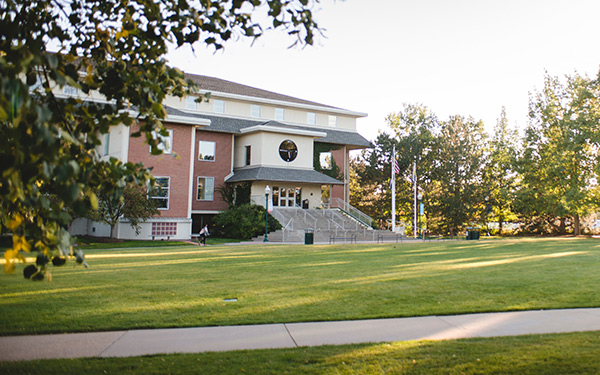 Dayton Memorial Library exterior across Boettcher Commons