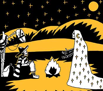 artwork by Tony Ortega depicting two human skeletons outdoors under moon and stars, one dressed in a white cloak covered in moon and stars and another, crouched beside a fire, wearing serape and sombrero beside a horse skeleton