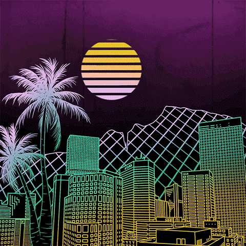 animated gif of abstract city skyline and sun
