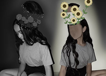 mirrored image of two young women, one sad with rainclouds coming from her head and one happy but faceless with flowers growing out of her head