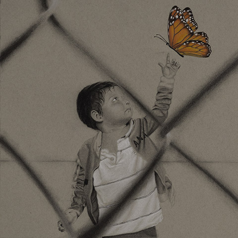 viewed from behind a chain link fence, a small boy reaches out to a floating butterfly