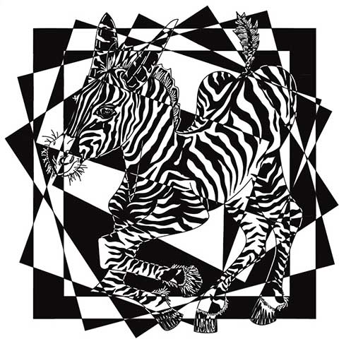 graphic of a zebra integrated with geometric black and white design