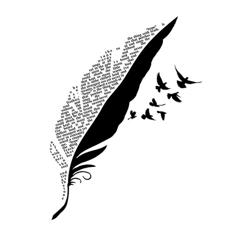 graphic of a feather that is half type, half solid black dissolving into flying birds