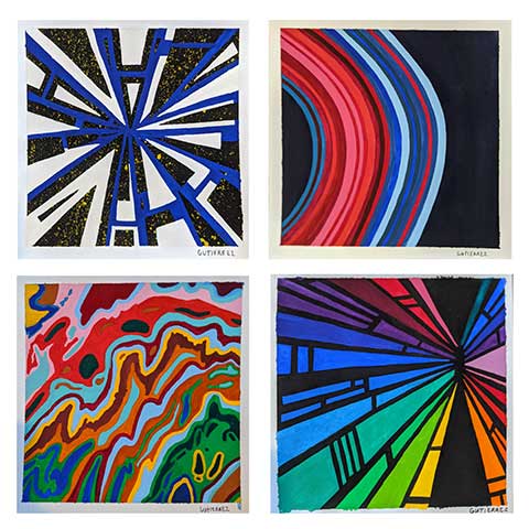 abstract painting of four panels with colorful geometric shapes inside