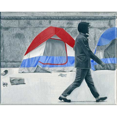 painting of a man in hooded jacket walking along a row of tents on the sidewalk with refuse scattered