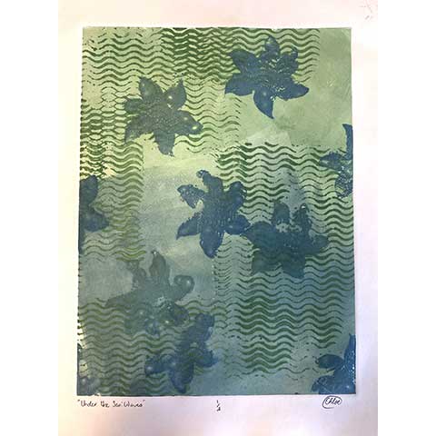 print of abstract wavy lines and botanicals