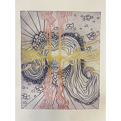 print of abstract woman's head with rays coming from the eyes