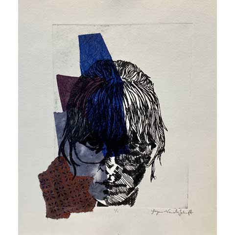 print of woman's face with abstract shapes overlayed