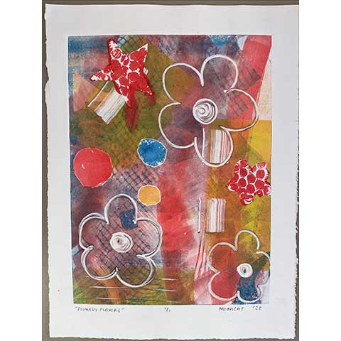 print of colorful abstract shapes and flowers