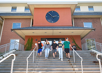 Global students walk down library steps