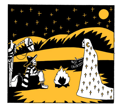 Black-and-gold camping illustration with two skeleton travelers beside a campfire, patterned white tent, mountains, stars, and a glowing moon