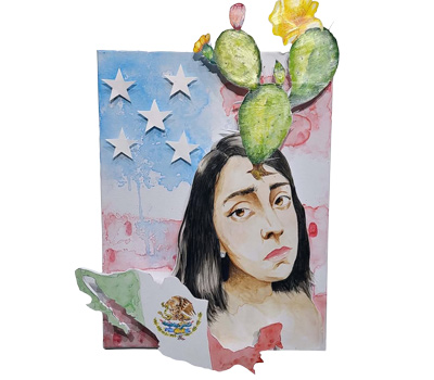 Watercolor portrait of a woman beneath a flowering cactus, framed by stars and red, white, and blue imagery, evoking identity and resilience.