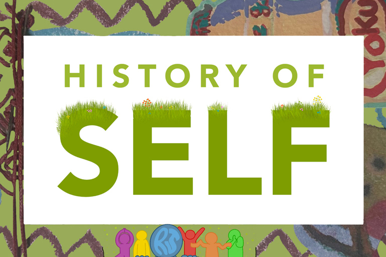 "History of Self" text with grass atop "SELF" on a green patterned background, conveying growth and introspection. Bright, playful icons below.