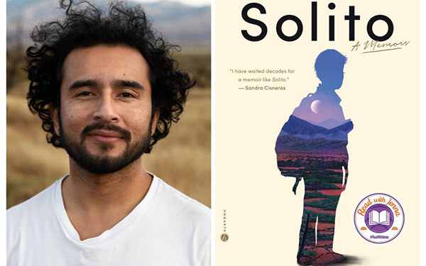 Graphic of Javier Zamora's headshot on the left and the book, Solito, on the right