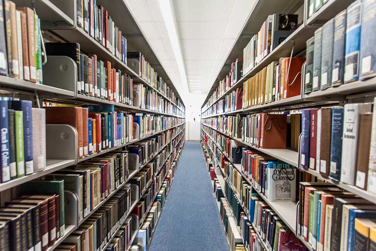 history books on shelves in the library