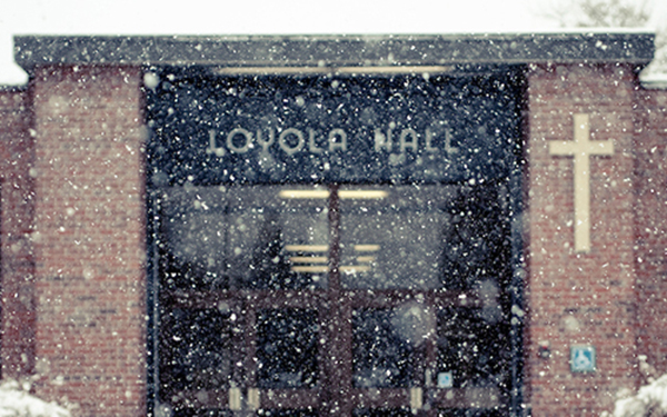 loyola hall in the snow