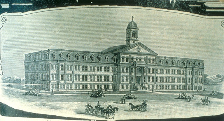 historical etching of the Main Hall building with people wearing old fashioned clothing, driving carriages and riding horses in the foreground