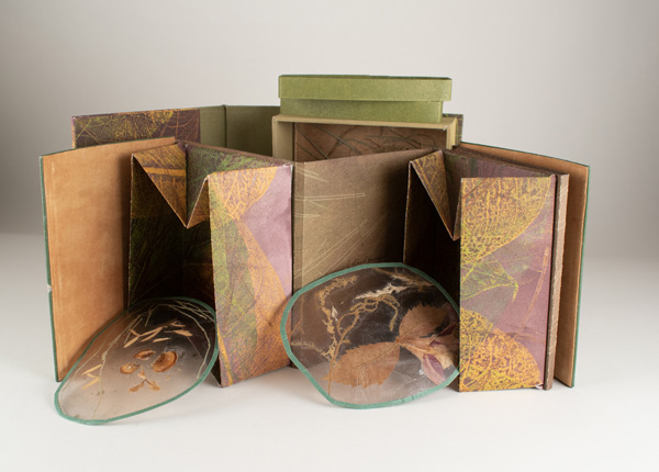 A sculptural artist book with multiple panels showing a collage of leaves and plants. Two clear resin disks with embedded botanical items sit in front.