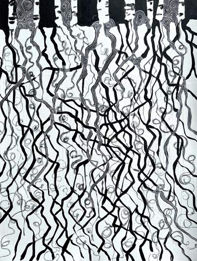White canvas of black vines going up and down in different paths such as jagged or spiral