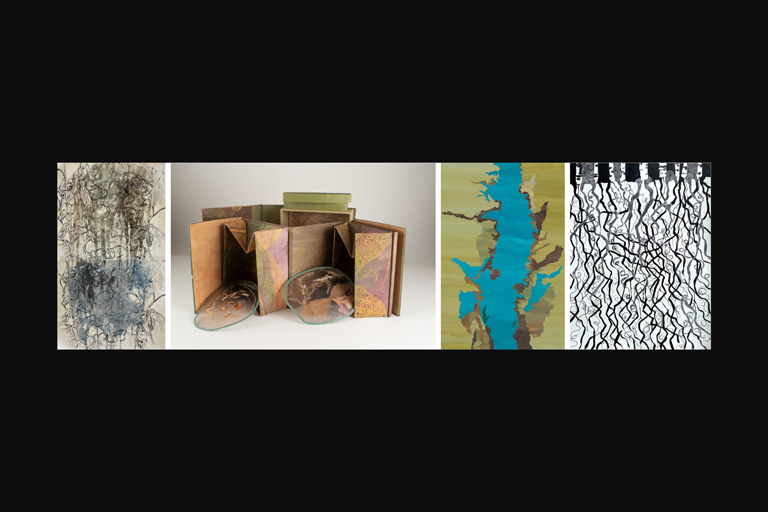 A grid of four artworks, from left to right: a mixed-media piece with tangled lines and a blue mass; an opened artist's book with earthy tones and two glass forms; an abstract painting of a blue, river-like shape; and a black-and-white print with twisting, vine-like lines.