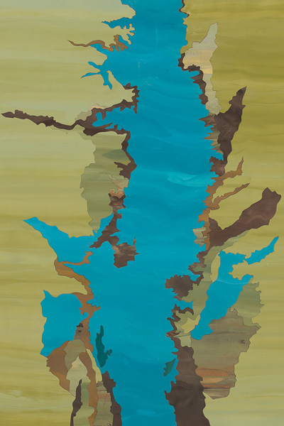 Abstract artwork showing a winding, bright blue waterway bordered by brown and tan landforms on a pale yellow background.
