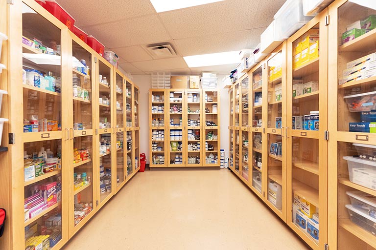 pharmaceutical supplies organized and stored for use by Regis students