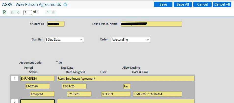 a screenshot from Colleague showing the AGRV - View Person Agreements screen. Under the AgreementCode, there is information populated, including an Agreement code, period, status, title, due date, date assigned, user, allow decline and Date $Time