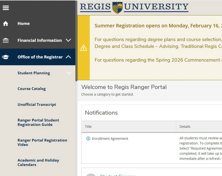 screenshot of the homepage of the Ranger Portal with the Office of the Registrar item open in the left sidebar menu