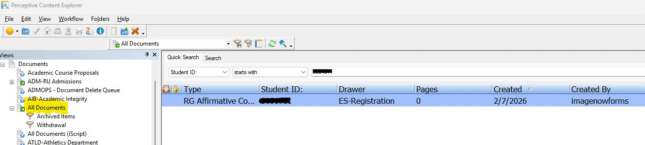 screenshot of a student record in ImageNow with All Documents selected under the left sidebar navigation and an Affirmative Consent Form listed in the main dialog box.