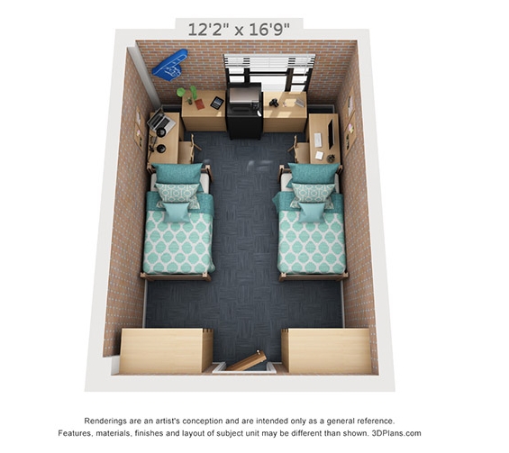 12'2" x 18'9" room layout with two beds, dressers, desks and closets.